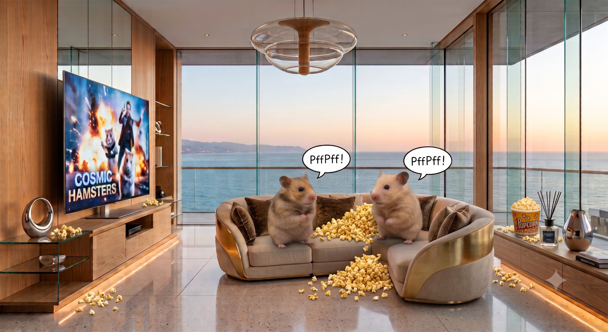 Deux hamsters installés sur un canapé devant un écran diffusant « Cosmic Hamsters », au milieu d'une avalanche de popcorn, face à l'océan au coucher du soleil. Chacun s'exclame « PffPff ! »